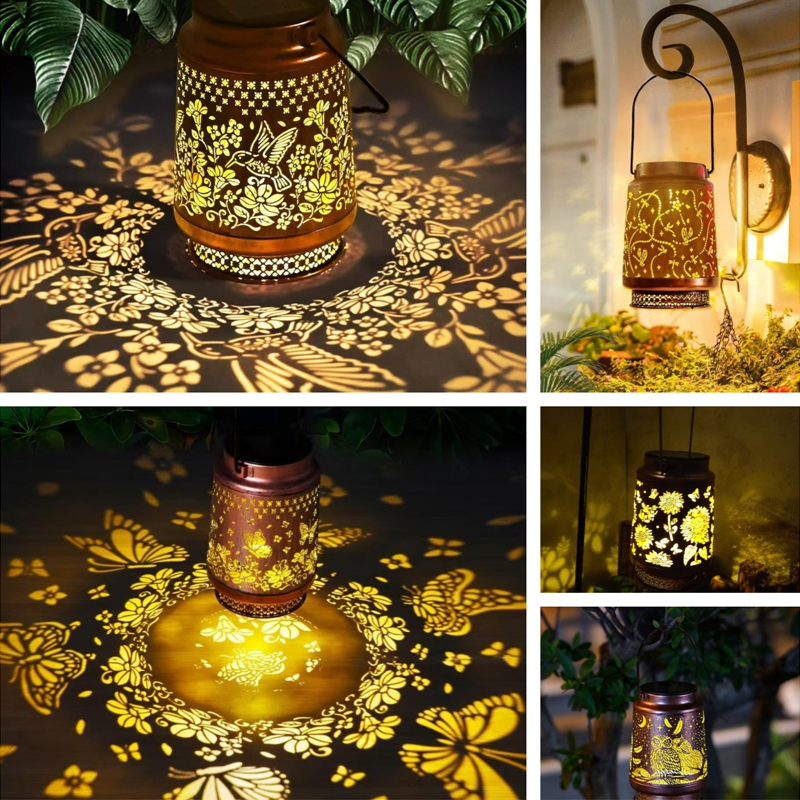 Solar courtyard hummingbird wrought iron outdoor hollow lanterns waterproof projection garden decorative balcony hanging lights for Mothers Day Gifts