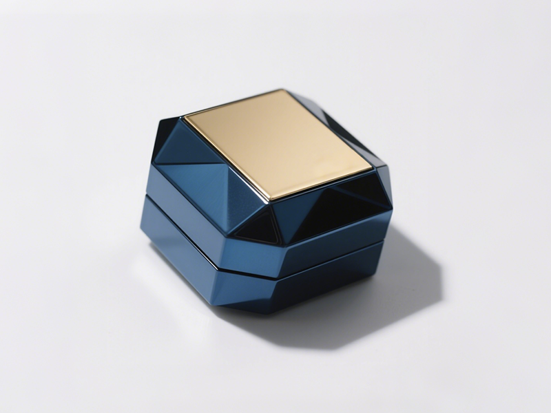 Polyhedral blue box, lid as a golden square panel, geometric edges from cutting, combining modern and exquisite.
