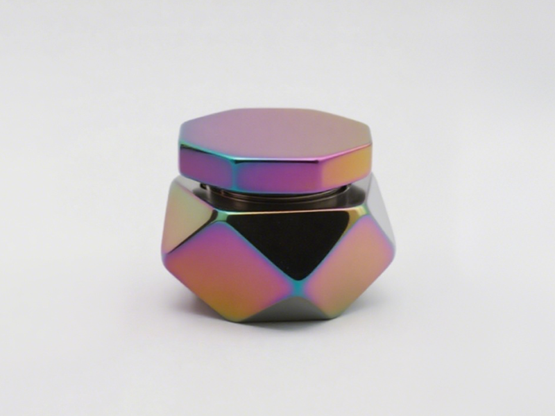 Polyhedral iridescent jar, rainbow - colored gradient surface, geometric faces from cutting, dreamy color meets modern design.