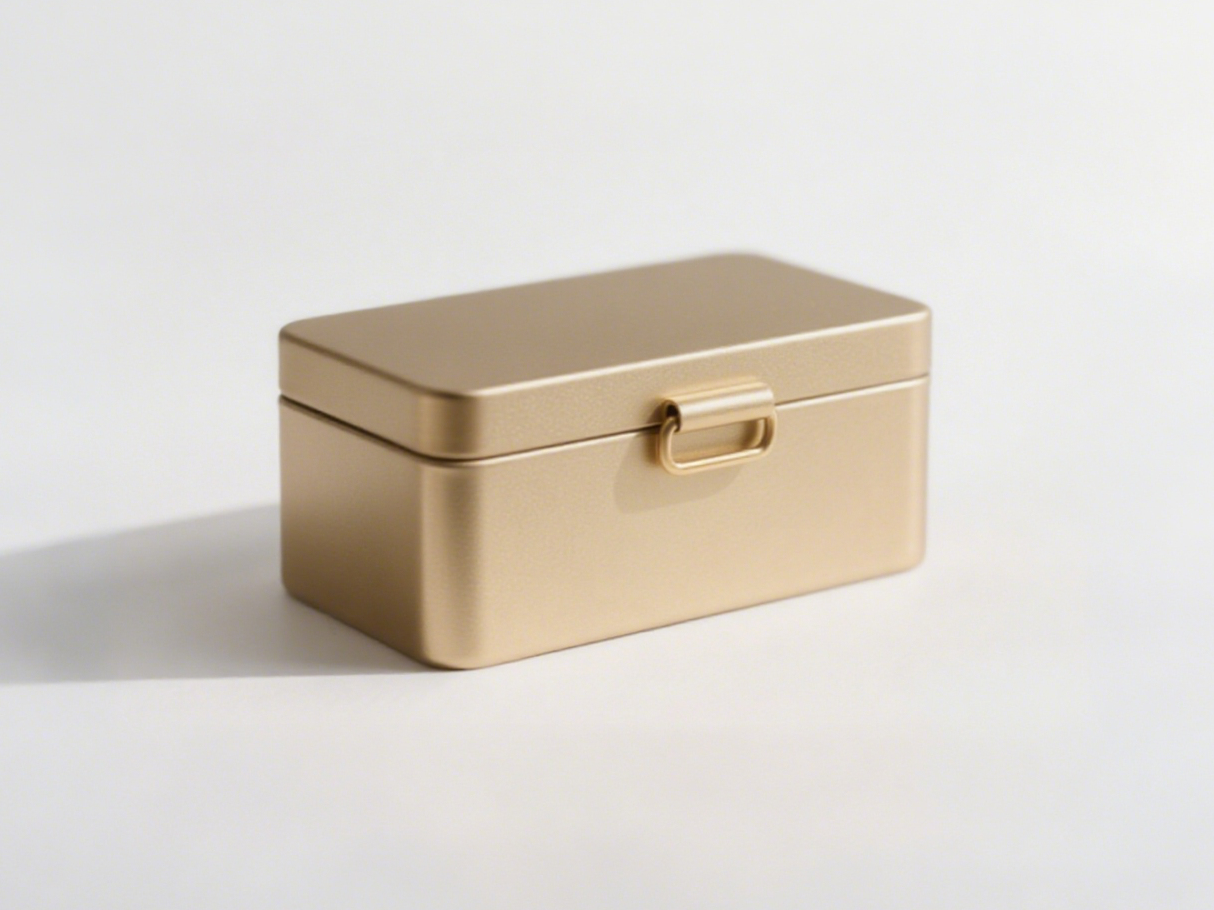 Rectangular golden box, frosted texture, with a square clasp on the front, simple and generous design.